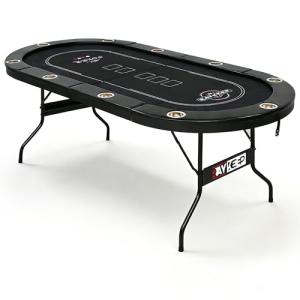 RAYKEEP 10 Player Poker Table Foldable, 84" Folding Blackjack Texas Holdem Table, Portable Casino Leisure Card Board Game Table with Cup Holders and Padded Rails for Game Room (Black)