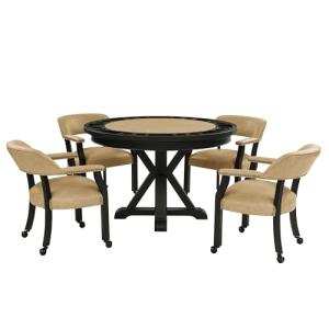 Steve Silver Furniture Rylie 6pc Dining Table Set w/ 48" Folding Game Top, Trestle Table Base, and 4 Sand Vegan Leather Dining Chairs, Cards/Poker Table, Cupholders, 48"L x 48"W x 30"H, Black, Sand