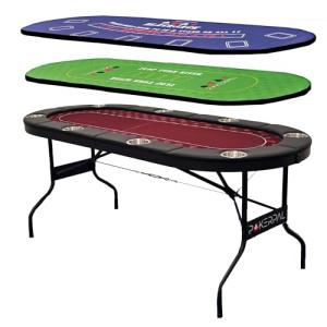8 Player Poker Table with 2 Interchangeable Game mats, Texas Holdem and Blackjack, Collapsible Casino Table with Padded Rails and XXL Cup Holders for Wine and Whiskey Glasses, (71 in) - Burgundy