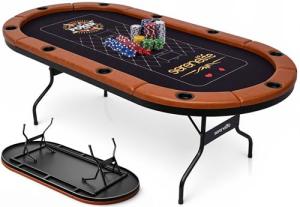 SereneLife 7ft Poker Table for 10 Players - Heavy Duty Oval Texas Hold'em Casino Table for Game Room, 25mm Reinforced Metal Legs, Durable Black PVC Rail, 10 Deep Cup Holders & Professional Layout