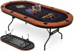 SereneLife 7ft Poker Table for 10 Players - Heavy Duty Oval Texas Hold'em Casino Table for Game Room, 25mm Reinforced Metal Legs, Durable Black PVC Rail, 10 Deep Cup Holders & Professional Layout