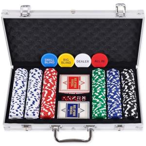 sharkplay 300 Pcs Poker Chips Set for Texas Holdem, 11.5g Clay Chips with Aluminum Carrying Case, Playing Cards & Game Buttons