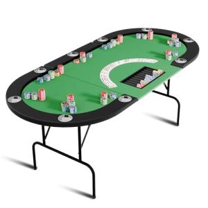 IDEALHOUSE Oval Poker Table with Collapsible Legs, 10 Player Blackjack Gaming Table, Casino Leisure Table with Water-Resistant Cushioned Rail and Stainless Steel Cup Holders,Green