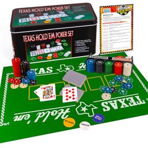 Gamie Texas Holdem Poker Game Set - Includes Hold’em Mat, 2 Card Decks, Chips, Chip Holder and Tin Storage Box - Fun Game Night Supplies - Cool Casino Gift for Kids & Adults