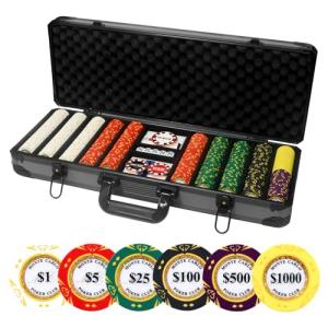 JIESITE 14 Gram Clay Poker Chips Set Texas Hold’em 500PCS Poker Chips Set Numbered Chips with High-End Chip Case and Poker Accessories for Blackjack Poker Games (C 500 PCS)