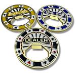 Luck Lab Set of 3 Metal Bottle Opener Poker Buttons - Dealer Button, Big Blind and Small Blind Metal Weights (Position Markers) for Texas Hold Em - 2 inch