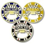 Luck Lab Set of 3 Metal Bottle Opener Poker Buttons - Dealer Button, Big Blind and Small Blind Metal Weights (Position Markers) for Texas Hold Em - 2 inch