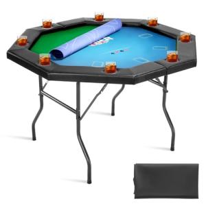 VEVOR Foldable Poker Table, 8 Player 48 in Folding Casino Leisure Table with Padded Rails & Cup Holders, Octagonal Portable Game Tables with Felt & Metal Legs, for Texas Hold'em Game and Blackjack