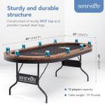SereneLife 10-Player Oval Foldable Poker Table - Casino Texas Holdem Table with Water-Resistant Cushioned Rail, 10 Cup Holders, Brown Felt Surface, Black Jack Board & Family Games (Brown)