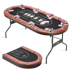 VEVOR Foldable Poker Table, 8 Player 72 in Folding Casino Leisure Table with Padded Rails and Cup Holders, Oval Portable Game Tables with Felt & Metal Legs, for Texas Hold'em Game and Blackjack