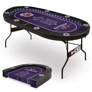 RAYKEEP 71" LED Poker Table - 8 Player Foldable Texas Hold'em Table with Built-in LED Lights, Padded Rails & 8 Cup Holders, Portable Casino Card Table for Home Game Room & Parties
