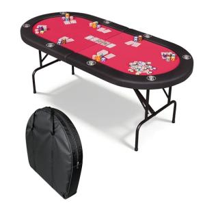 Garvee 8 Player Oval Poker Table Foldable, 72" Poker Game Tables with Storage Bag, Collapsible Legs, Padded Rails & Cup Holders, Portable Folding Game Table for Texas Holdem and Blackjack, Red