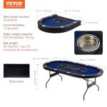 VEVOR 10 Player Poker Table Foldable, Portable Folding Card Board Game Table, Casino Leisure Table, Blackjack Texas Holdem Table with Padded Rails and Stainless Steel Cup Holders,Blue (84 in)