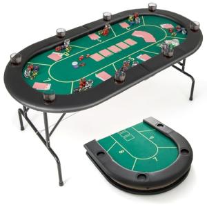 Giantex 72" Poker Table Foldable, 8 Player Folding Card Board Game Table w/ 8 Cup Holders, Casino-Grade Felt Surface, Portable Oval Texas Holdem Poker Tables for Blackjack Casino, No Assembly Required