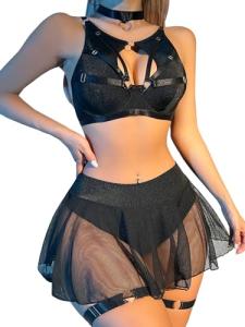 Lilosy Sexy Fishnet Stocking Chocker Strappy Underwire O Ring Push Up Garter Belt Women Lingerie Set Rave Outfit Harness Cutout Bra Panty Skirt 5 Piece Black Medium