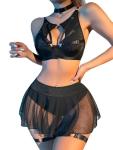 Lilosy Sexy Fishnet Stocking Chocker Strappy Underwire O Ring Push Up Garter Belt Women Lingerie Set Rave Outfit Harness Cutout Bra Panty Skirt 5 Piece Black Medium