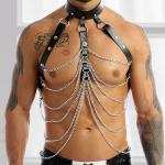 Men's Body Chest Harness Belt with Metal Chain, Gothic Punk Body Chain Chest Harness Belt Bondage Strap for Men Gay, Halloween Cosplay Costume Masquerade Party Club Nightclub Bar Rave Clubwear