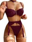 Lilosy Petite Sexy Choker Floral Lace Scallop Sheer Underwire Push Up Garter Belt Lingerie Set 3 Piece for Women See Through Bachelorette Bra and Panty Chain Burgundy Red X-Small