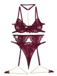 Lilosy Petite Sexy Choker Floral Lace Scallop Sheer Underwire Push Up Garter Belt Lingerie Set 3 Piece for Women See Through Bachelorette Bra and Panty Chain Burgundy Red X-Small