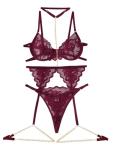 Lilosy Petite Sexy Choker Floral Lace Scallop Sheer Underwire Push Up Garter Belt Lingerie Set 3 Piece for Women See Through Bachelorette Bra and Panty Chain Burgundy Red X-Small