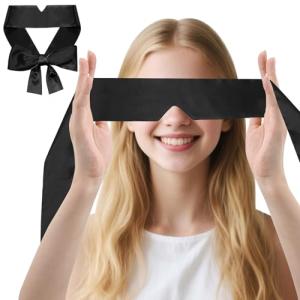 Eychei 2 Pcs Satin Eye Mask for Sleeping, Black and Black Blindfold Silk Sleep Mask, Soft Comfortable Adjustable Blackout Eye Cover V-Shaped Satin Sleep Masks for Women, Men (160 cm/6.3 inch)