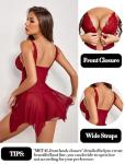Avidlove Valentine Lingerie for Women Lace Babydoll Chemise Sheer Mesh Lingerie Dress Wine Red Medium