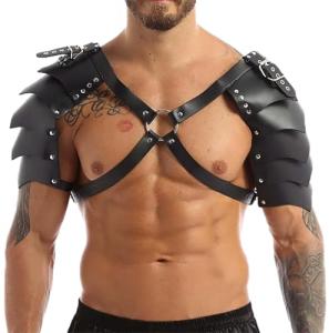 Men's Medieval Shoulder Armor PU Leather Gothic Double Knight Armor Adjustable Strappy Chest Harness Belt Tough Guy Roleplay Outfits Rave Accessories for Halloween Club Party Bar Masquerade Dress Up