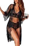 Avidlove Women Sexy Lingerie Set 3 Piece Bra and Panty Sets & Lace Kimono Robe Sleepwear Mesh Nightgown