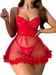 Foxiny Sexy Ruffle Floral Skirt Underwire Mesh Sheer Lace Babydoll Lingerie Dress with Thong 2 Piece Women Push Up See Through Chemise Negligee Red Medium