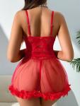 Foxiny Sexy Ruffle Floral Skirt Underwire Mesh Sheer Lace Babydoll Lingerie Dress with Thong 2 Piece Women Push Up See Through Chemise Negligee Red Medium