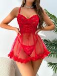 Foxiny Sexy Ruffle Floral Skirt Underwire Mesh Sheer Lace Babydoll Lingerie Dress with Thong 2 Piece Women Push Up See Through Chemise Negligee Red Medium