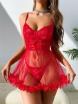 Foxiny Sexy Ruffle Floral Skirt Underwire Mesh Sheer Lace Babydoll Lingerie Dress with Thong 2 Piece Women Push Up See Through Chemise Negligee Red Medium