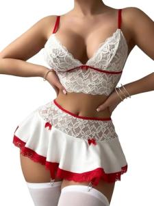 RoseSeek Women's 3 Piece Lingerie Set Floral Lace Bow Garter Babydoll Lingerie Skirt Set Red and White Small