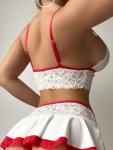 RoseSeek Women's 3 Piece Lingerie Set Floral Lace Bow Garter Babydoll Lingerie Skirt Set Red and White Small