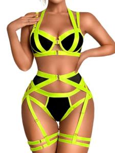 Kaei&Shi Sexy Lingerie For Women Garter Belt Thong,Strappy Underwire Exotic Bondage Bdsm Dominatrice Dominatrix 4 Piece Set Black Mesh Neon Green Large
