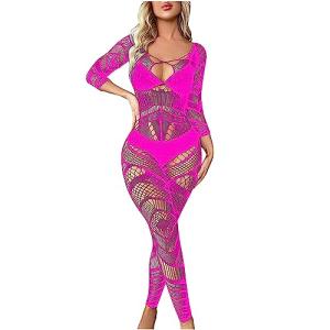 Ctreela Womens Fishnet Leotard Bodysuits Valentine Honeymoon Lingerie Jumpsuits Sexy Hollow Out Bodystocking Sleepwear Hot Pink