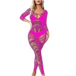 Ctreela Womens Fishnet Leotard Bodysuits Valentine Honeymoon Lingerie Jumpsuits Sexy Hollow Out Bodystocking Sleepwear Hot Pink