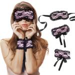 FRESHME Blindfold Sleep Mask and Hand Ties - 3 Pcs Pink Black Cute Comfortable Lace Blackout Sleeping Eye Mask Cover Blind Folds for Couples Women, Lovely Valentines Day Gift for Her Girlfriend Wife