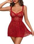 Avidlove Sexy Bows V Neck Sheer Lace Wireless Lingerie for Women Babydoll Dress with Thong 2 Piece Dark Red
