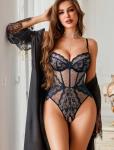 Avidlove Women Lingerie Deep V Teddy Lingerie Lace Bodysuit One Piece Mini Babydoll Navy Blue M