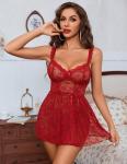 Avidlove Sexy Bows V Neck Sheer Lace Wireless Lingerie for Women Babydoll Dress with Thong 2 Piece Dark Red