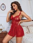 Avidlove Sexy Bows V Neck Sheer Lace Wireless Lingerie for Women Babydoll Dress with Thong 2 Piece Dark Red