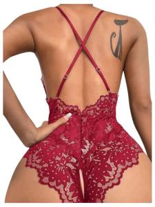 SOLY HUX Women's One Piece Lingerie Sexy Lace Babydoll Deep V Teddy Criss Cross Backless Teddy Mini Bodysuit