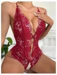 SOLY HUX Women's One Piece Lingerie Sexy Lace Babydoll Deep V Teddy Criss Cross Backless Teddy Mini Bodysuit