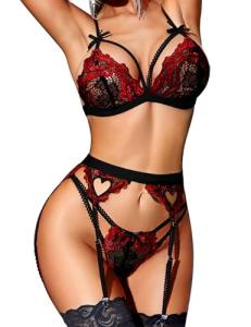 RSLOVE Women Lingerie Set with Garter Belt Lace Lace Teddy Babydoll Strappy ExoticBra and Panty Set (No Stockings) Black-Red M