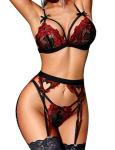 RSLOVE Women Lingerie Set with Garter Belt Lace Lace Teddy Babydoll Strappy ExoticBra and Panty Set (No Stockings) Black-Red M