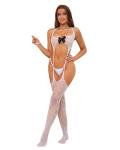 QOXNORC Women's Sexy Lingerie 3 Piece Lingerie Set with Garter Belt Stockings and Panty, Lace Crotchless Teddy Bodysuit Lingerie, White, One Size