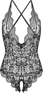 Lahaima Women One Piece Lingerie Sexy Teddy V Neck Bodysuit Lace Nightie (Black, X-Large)