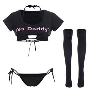 ABAFIP Women's Cute Kawaii Bikini Lingerie Set Yes Daddy Japanese Anime Cosplay Micro Tiny Bra G-String Crop Top Stockings 4 pieces underwear 2#Black - 4pcs stocking One Size