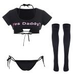 ABAFIP Women's Cute Kawaii Bikini Lingerie Set Yes Daddy Japanese Anime Cosplay Micro Tiny Bra G-String Crop Top Stockings 4 pieces underwear 2#Black - 4pcs stocking One Size